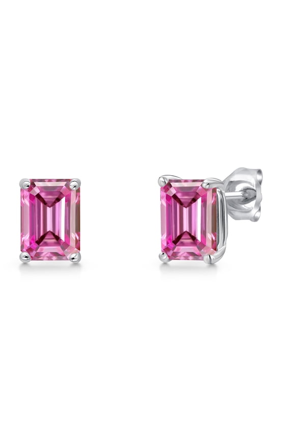 14K White Gold Pink Moissanite Stud Basket Setting Earrings | 2.00 Cttw | Gemstone Birthstone | Octagon 7X5MM | Double Notch | Gold Earrings for Women Men