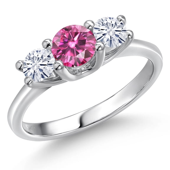 Gem Stone King 14K White Gold Pink Moissanite & White Moissanite 3-Stone Engagement Ring | 0.96 Cttw | Round 5MM and 4MM | Three Stone Wedding Anniversary Promise Ring for Women (Size 5)