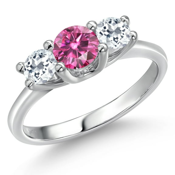 Gem Stone King 14K White Gold Pink Moissanite & White Topaz 3-Stone Engagement Ring | 1.16 Cttw | Round 5MM and 4MM | Three Stone Wedding Anniversary Promise Ring for Women (Size 8)