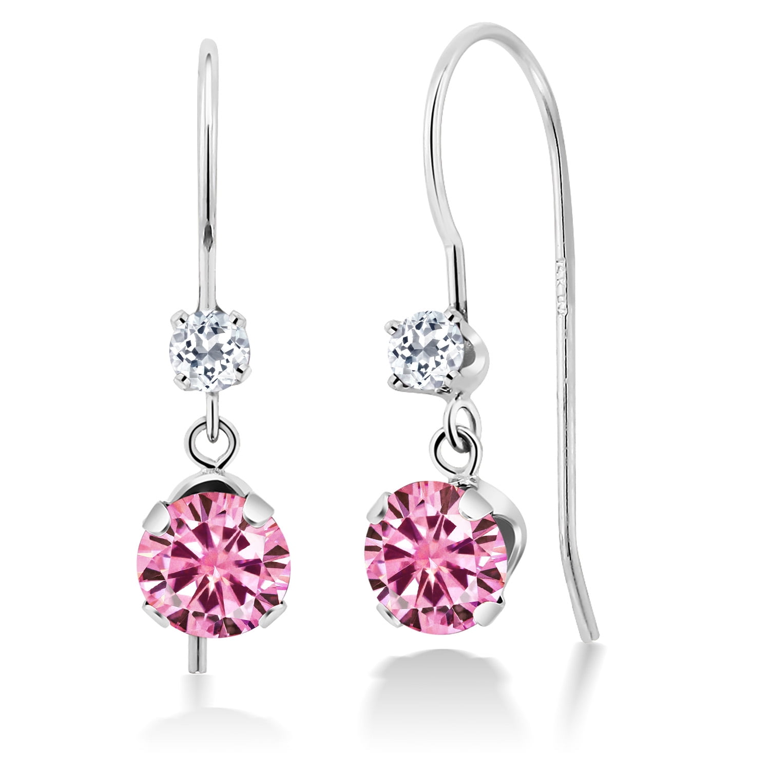 Gem Stone King 14K White Gold Pink Moissanite and White Topaz French Wire Dangle Hook Earrings for Women (1.17 Cttw, Gemstone Birthstone, Round 5MM and 2.5MM)