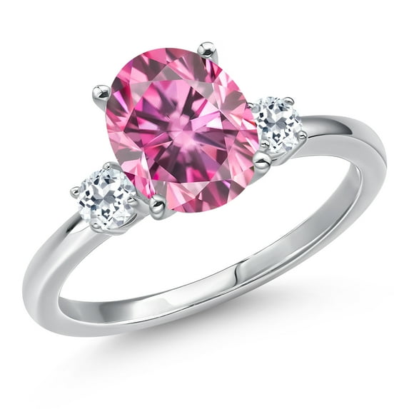 Gem Stone King 14K White Gold Pink Moissanite and White Topaz Engagement Ring for Women | 3.10 Cttw | Oval 10X8MM | Gemstone Birthstone | Size 5