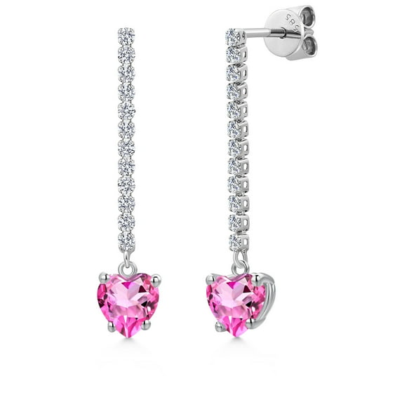 Gem Stone King 14K White Gold Pink Mystic Topaz and Lab Grown Diamond Dangle Earrings for Women | 2.26 Cttw | Gemstone November Birthstone | Heart Shape 6MM