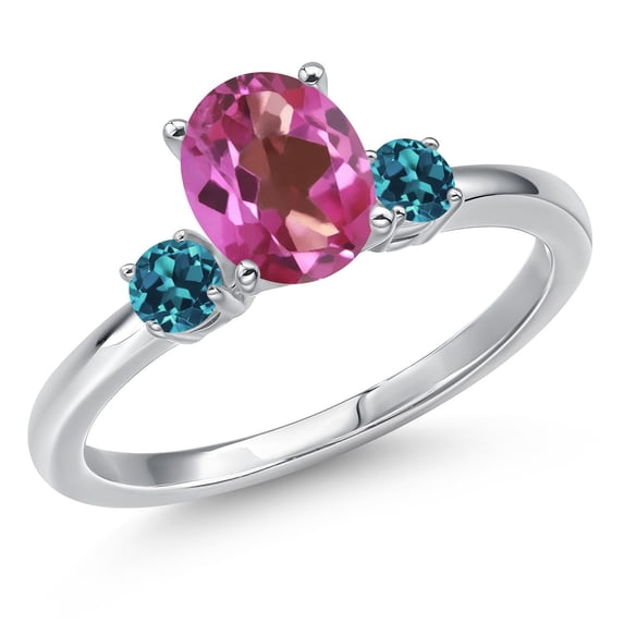 Gem Stone King 14K White Gold Pink Mystic Topaz and London Blue Topaz Engagement Ring for Women | 1.56 Cttw | Oval 8X6MM | Gemstone November Birthstone | Size 5