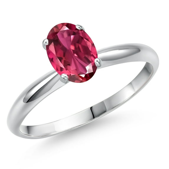 Gem Stone King 14K White Gold Pink Tourmaline Solitaire Engagement Ring for Women | 0.85 Cttw | Oval 7X5MM | Gemstone October Birthstone | Size 9