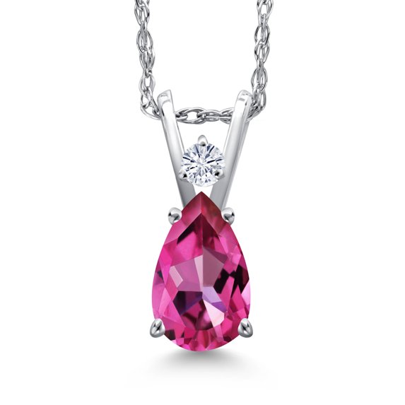 Gem Stone King 14K White Gold Pure Pink Mystic Topaz and White Moissanite Pendant Necklace for Women | 0.86 Cttw | Gemstone November Birthstone | Pear Shape 7X5MM | With 18 inch Chain