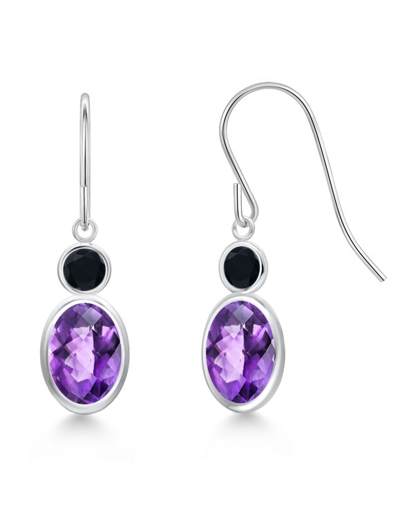 14K White Gold Purple Amethyst and Black Onyx Hook French Fish Ear Wire Dangle Earrings for Women (1.70 Cttw, Gemstone February Birthstone, Oval Checkerboard 7X5MM, Round 3MM)