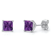 Gem Stone King 14K White Gold Purple Amethyst Double Notch Stud Earrings | 1.30 Cttw | Gemstone February Birthstone | Princess 5MM | Gold Earrings for Women Men
