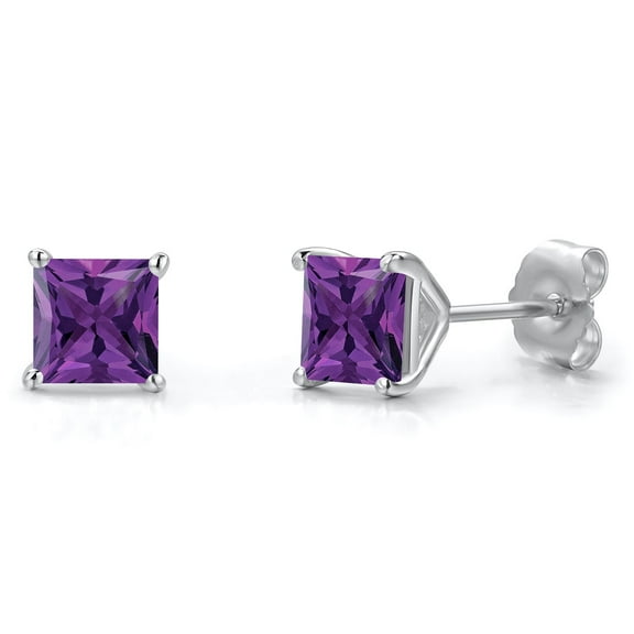 Gem Stone King 14K White Gold Purple Amethyst Double Notch Stud Earrings | 1.30 Cttw | Gemstone February Birthstone | Princess 5MM | Gold Earrings for Women Men
