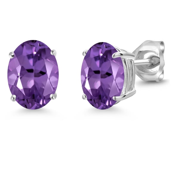 Gem Stone King 14K White Gold Purple Amethyst Double Notch Stud Earrings | 2.30 Cttw | Gemstone February Birthstone | Oval 8X6MM | Gold Earrings for Women Men