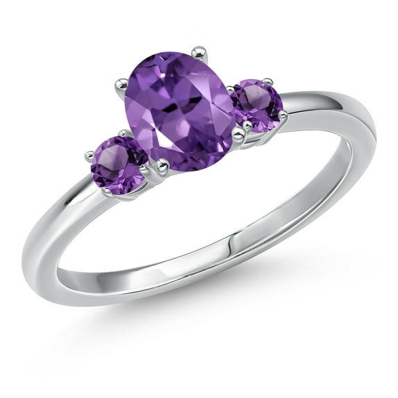 Gem Stone King 14K White Gold Purple Amethyst 3-Stone Engagement Ring for Women | 0.95 Cttw | Oval 7X5MM and Round 3MM | Gemstone February Birthstone (Size 7)