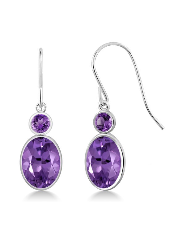 14K White Gold Purple Amethyst Hook French Fish Ear Wire Dangle Earrings for Women (2.40 Cttw, Gemstone February Birthstone, Oval 8X6MM, Round 3MM)