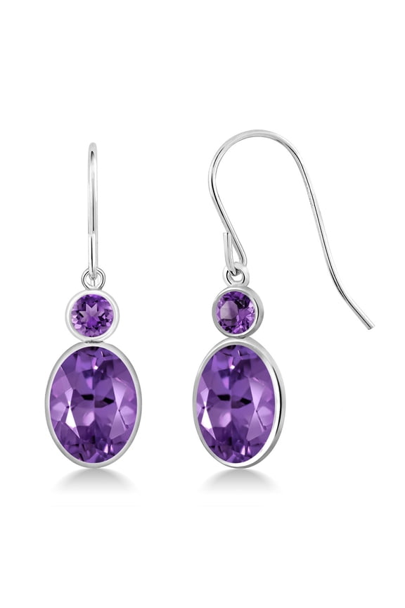14K White Gold Purple Amethyst Hook French Fish Ear Wire Dangle Earrings for Women (2.40 Cttw, Gemstone February Birthstone, Oval 8X6MM, Round 3MM)