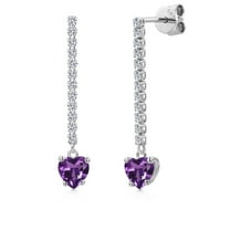 Gem Stone King 14K White Gold Purple Amethyst and Lab Grown Diamond Dangle Earrings for Women | 1.20 Cttw | Gemstone February Birthstone | Heart Shape 5MM