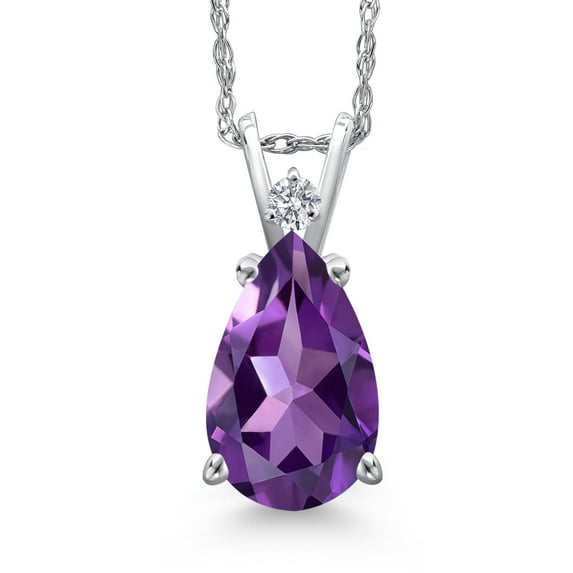 Gem Stone King 14K White Gold Purple Amethyst and Lab Grown Diamond Pendant Necklace for Women | 2.69 Cttw | Gemstone February Birthstone | Pear Shape 12X8MM | With 18 inch Chain