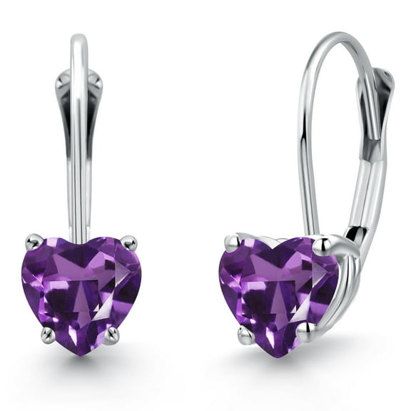 Gem Stone King 14K White Gold Purple Amethyst Leverback Earrings for Women | 0.84 Cttw | Gemstone February Birthstone | Heart Shape 5MM