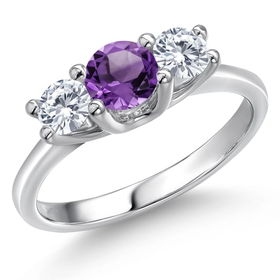 Gem Stone King 14K White Gold Purple Amethyst & Moissanite 3-Stone Engagement Ring | 0.94 Cttw | Round 5MM and 4MM | Three Stone Wedding Anniversary Promise Ring for Women (Size 5)