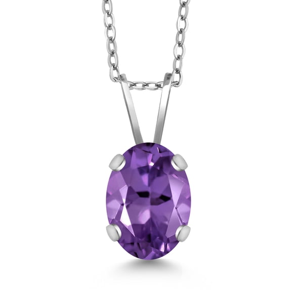 Gem Stone King 14K White Gold Purple Amethyst Pendant Necklace for Women | 0.75 Cttw | Gemstone February Birthstone | Oval 7X5MM | With 18 inch Silver Chain