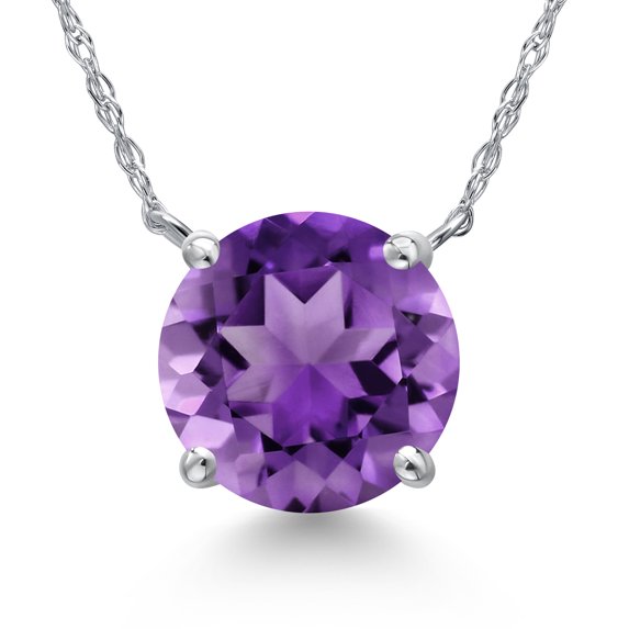 Gem Stone King 14K White Gold Purple Amethyst Pendant Necklace for Women | 3.35 Cttw | Gemstone February Birthstone | Round 10MM | With 18 inch Chain