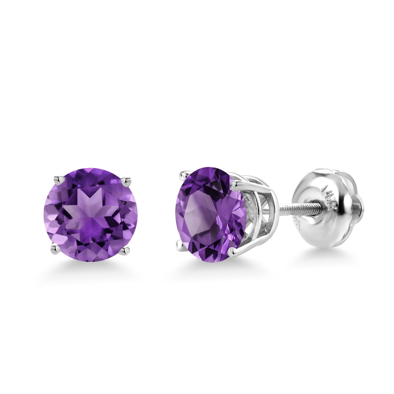 Gem Stone King 14K White Gold Purple Amethyst Screwback Stud Earrings for Women Men (2.00 Cttw, Gemstone Birthstone, Round 6MM)