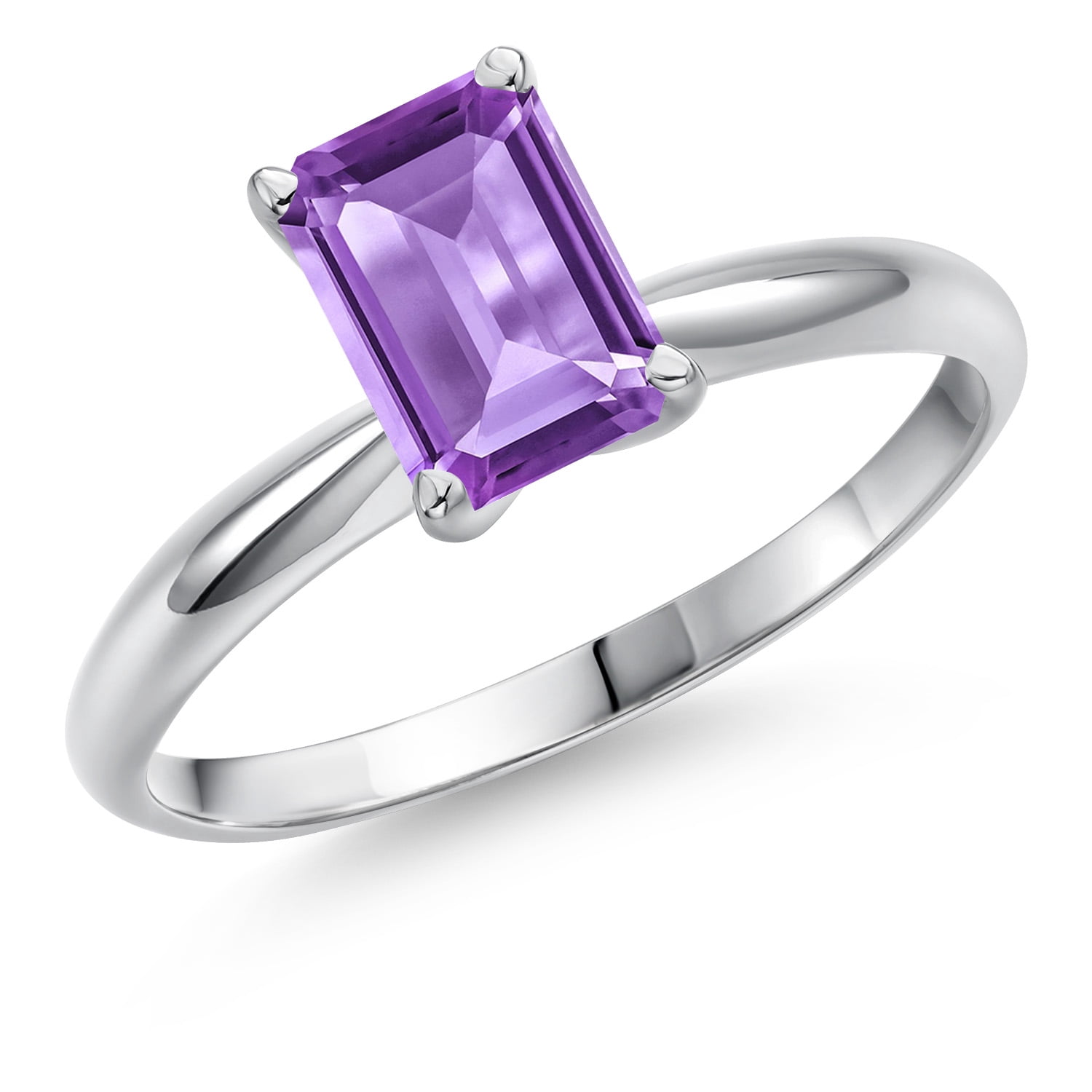 Gem Stone King 14K White Gold Purple Amethyst Solitaire Engagement Ring for Women | 1.50 Cttw | Emerald Cut 8X6MM | Gemstone February Birthstone | Size 8