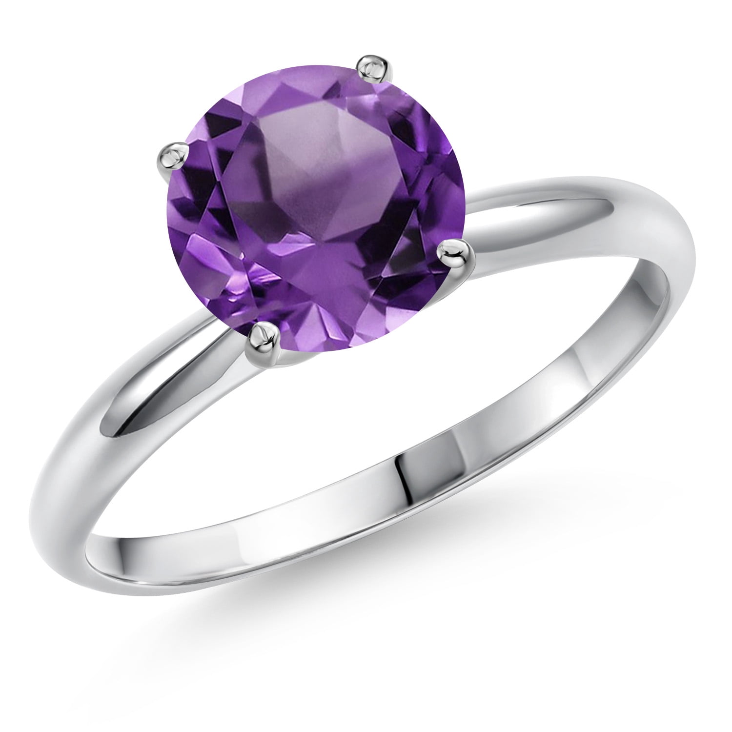 Gem Stone King 14K White Gold Purple Amethyst Solitaire Engagement Ring for Women | 1.70 Cttw | Round 8MM | Gemstone February Birthstone | Size 5