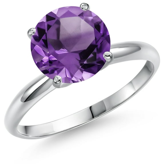 Gem Stone King 14K White Gold Purple Amethyst Solitaire Engagement Ring for Women | 2.10 Cttw | Round 9MM | Gemstone February Birthstone | Size 5
