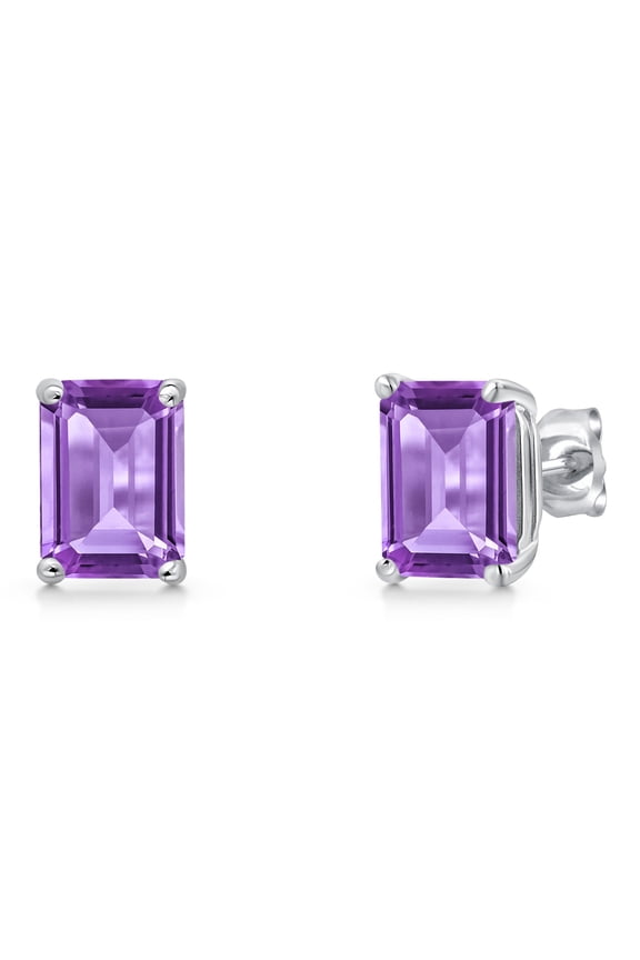 14K White Gold Purple Amethyst Stud Basket Setting Earrings | 3.00 Cttw | Gemstone February Birthstone | Emerald Cut 8X6MM | Double Notch | Gold Earrings for Women Men