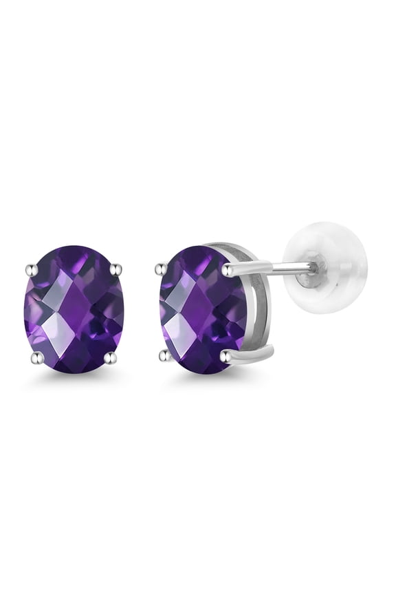 14K White Gold Purple Amethyst Stud Earrings for Women Men (2.40 Cttw, Gemstone Birthstone, Oval Checkerboard 8X6MM)