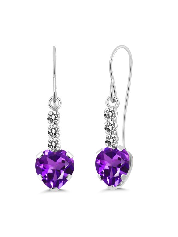 14K White Gold Purple Amethyst and White Diamond French Wire Dangle Hook Earrings for Women | 1.68 Cttw | Gemstone February Birthstone | Heart Shape 6MM