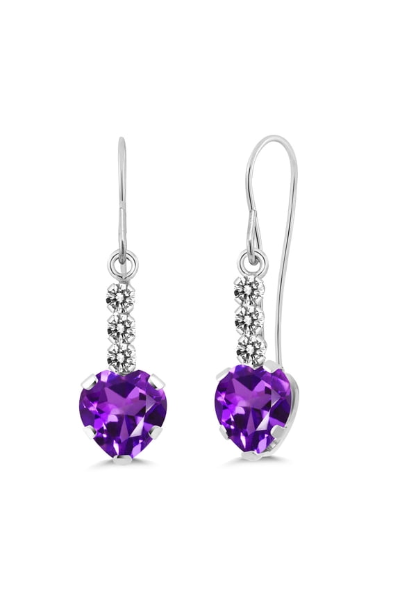 14K White Gold Purple Amethyst and White Diamond French Wire Dangle Hook Earrings for Women | 1.68 Cttw | Gemstone February Birthstone | Heart Shape 6MM