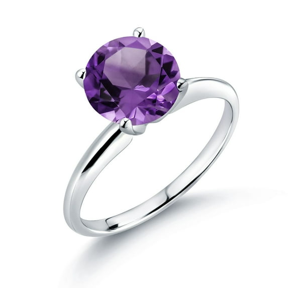 Gem Stone King 14K White Gold Purple Amethyst Women Solitaire Engagement Ring (1.70 Ct Round, Gemstone Birthstone, Available in Size 5, 6, 7, 8, 9)