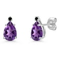 thumbnail image 1 of Gem Stone King 14K White Gold Purple Amethyst and Black Diamond Stud Earrings for Women | 1.61 Cttw | Gemstone February Birthstone | Pear Shape 8X5MM, 1 of 6