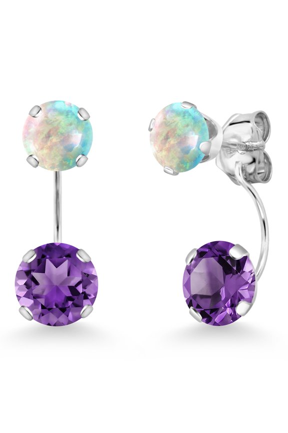 14K White Gold Purple Amethyst and Simulated White Opal Stud Earrings for Women | 2.54 Cttw | Gemstone February Birthstone | Round 6MM