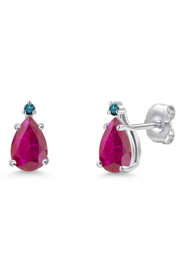 14K White Gold Red African Ruby and Blue Diamond Teardrop Stud Earrings for Women | 1.29 Cttw | Gemstone July Birthstone | Pear Shape 7X5MM