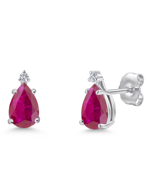 14K White Gold Red African Ruby and Lab Grown Diamond Teardrop Stud Earrings for Women | 1.29 Cttw | Gemstone July Birthstone | Pear Shape 7X5MM