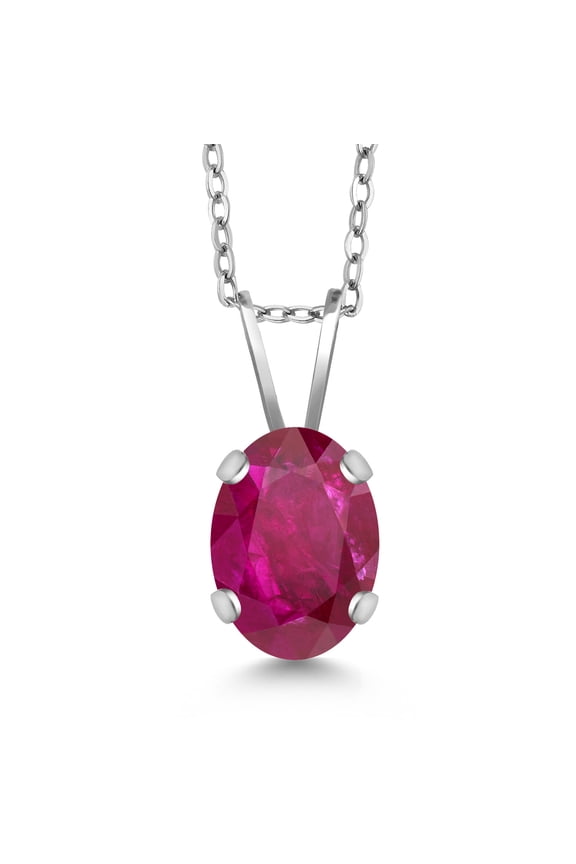 14K White Gold Red African Ruby Pendant Necklace for Women | 0.87 Cttw | Gemstone July Birthstone | Oval 7X5MM | With 18 inch Silver Chain