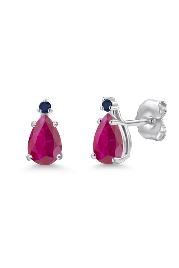 14K White Gold Red African Ruby and Blue Sapphire Stud Earrings for Women | 0.73 Cttw | Gemstone July Birthstone | Pear Shape 6X4MM