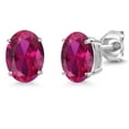 thumbnail image 1 of Gem Stone King 14K White Gold Red Created Ruby Double Notch Stud Earrings | 2.70 Cttw | Gemstone July Birthstone | Oval 8X6MM | Gold Earrings for Women Men, 1 of 6