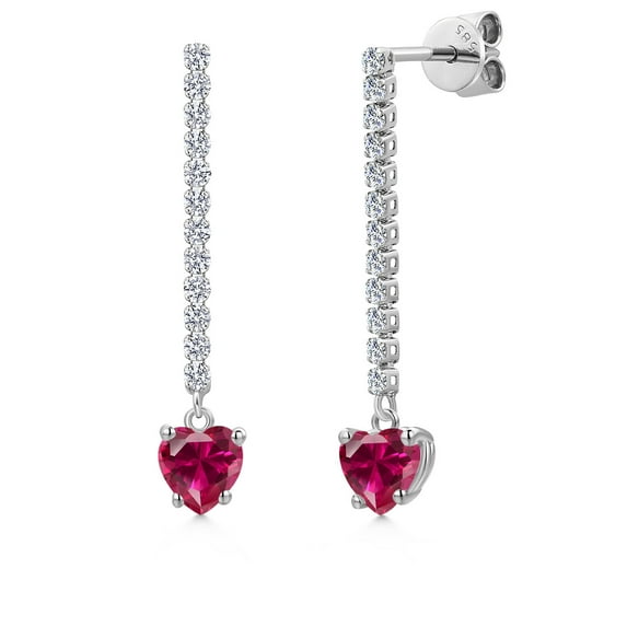 Gem Stone King 14K White Gold Red Created Ruby and Lab Grown Diamond Dangle Earrings for Women | 1.56 Cttw | Gemstone July Birthstone | Heart Shape 5MM