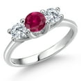 thumbnail image 1 of Gem Stone King 14K White Gold Red Created Ruby & Moissanite 3-Stone Engagement Ring | 1.06 Cttw | Round 5MM and 4MM | Three Stone Wedding Anniversary Promise Ring for Women (Size 8), 1 of 6