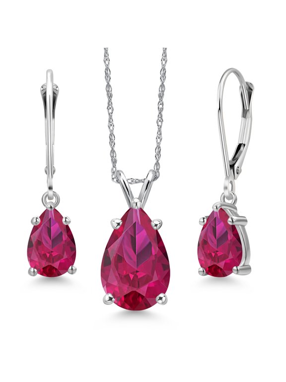 14K White Gold Red Created Ruby Pendant Earrings Jewelry Set for Women | 5.58 Cttw | Gemstone July Birthstone | Pear Shape 12X8MM | with 18 inch Chain