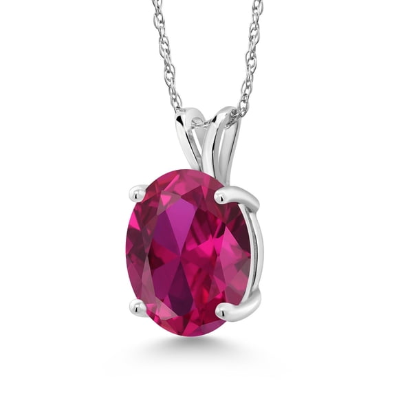 Gem Stone King 14K White Gold Red Created Ruby Pendant Necklace for Women (4.00 Cttw, Gemstone July Birthstone, Oval 11X9MM, With 18 inch Chain)