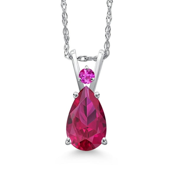 Gem Stone King 14K White Gold Red Created Ruby and Pink Sapphire Pendant Necklace for Women | 1.50 Cttw | Gemstone July Birthstone | Pear Shape 9X6MM | With 18 inch Chain