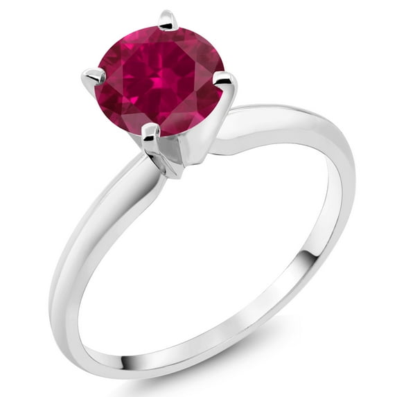 Gem Stone King 14K White Gold Red Created Ruby Solitaire Engagement 4-Prong Ring for Women | 1.00 Cttw | Round 6MM | Gemstone July Birthstone (Size 6)