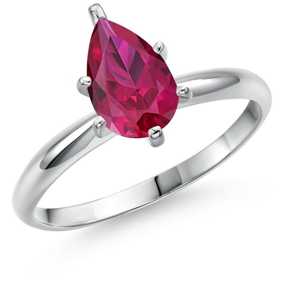 Gem Stone King 14K White Gold Red Created Ruby Solitaire Engagement Ring for Women | 1.45 Cttw | Pear Shape 9X6MM | Gemstone July Birthstone | Size 6