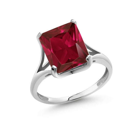 Gem Stone King 14K White Gold Red Created Ruby Solitaire Engagement Ring for Women (3.80 Cttw, Emerald Cut 10X8MM)