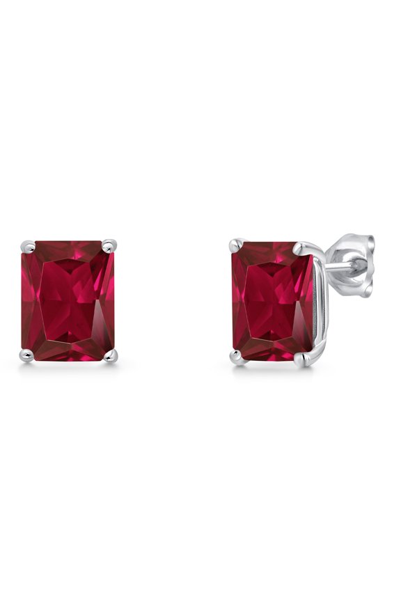 14K White Gold Red Created Ruby Stud Basket Setting Earrings for Women Men | 5.60 Cttw | Gemstone July Birthstone | Emerald Cut 9X7MM | Double Notch | Gold Earrings for Women Men