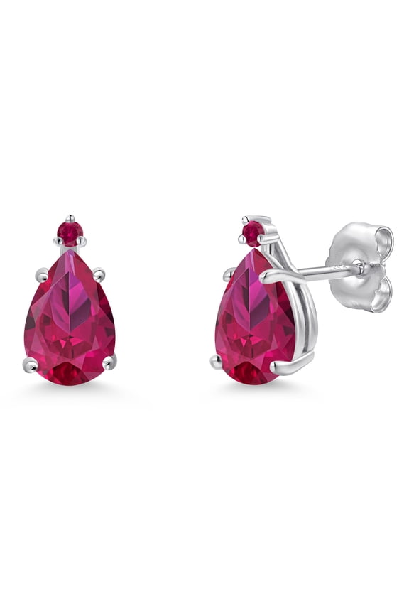14K White Gold Red Created Ruby Stud Earrings for Women | 2.14 Cttw | Gemstone July Birthstone | Pear Shape 8X5MM