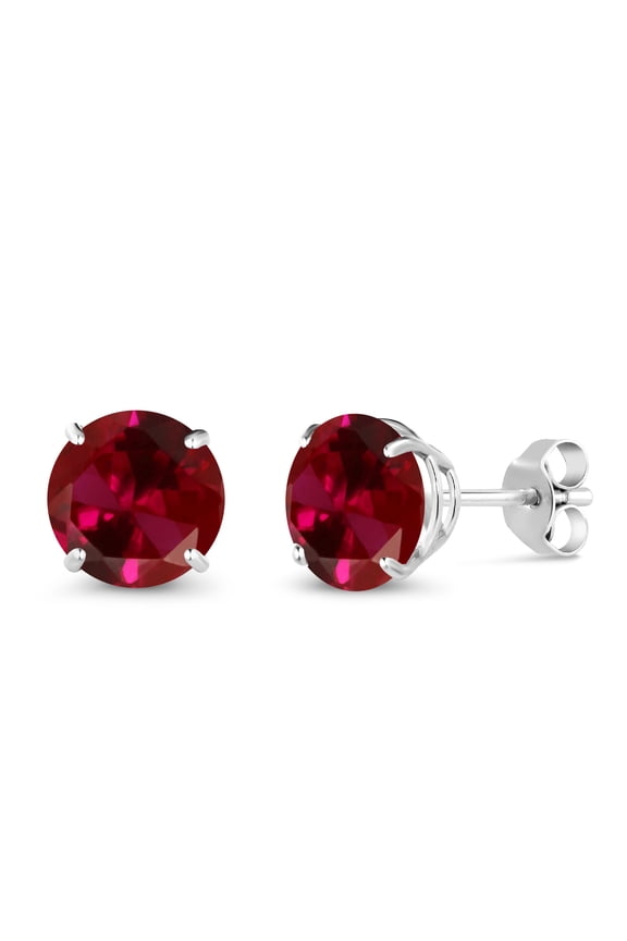 14K White Gold Red Created Ruby Stud Earrings for Women Men (3.10 Cttw, Gemstone July Birthstone, Round 7MM)
