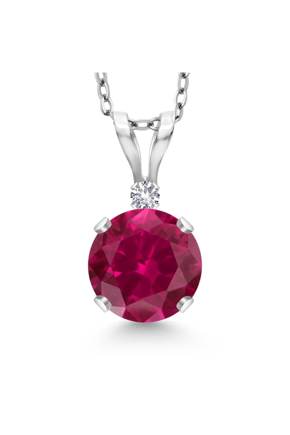 14K White Gold Red Created Ruby and White Created Sapphire Pendant Necklace for Women | 1.02 Cttw | Gemstone July Birthstone | Round 6MM | With 18 inch Silver Chain